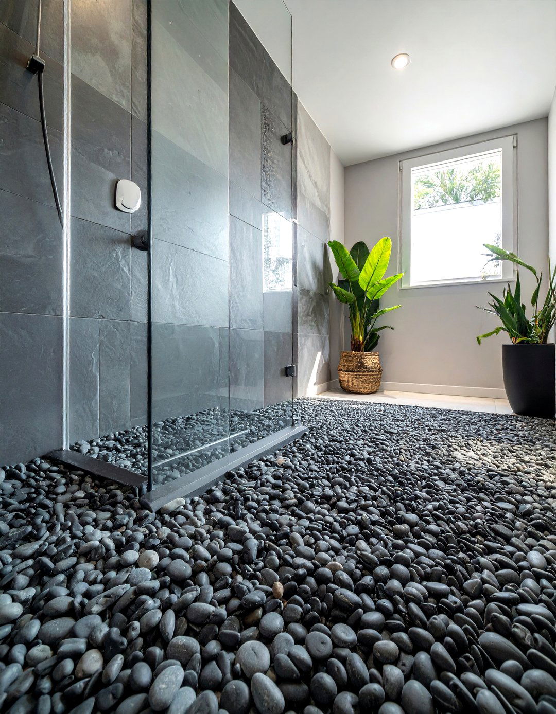 Gray pebble shower floor - 30 dark gray bathroom ideas
