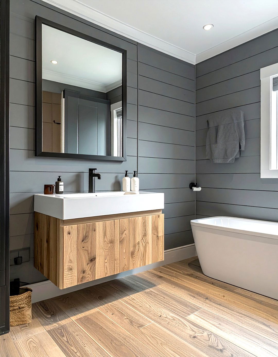 Gray shiplap bathroom wall - 30 dark gray bathroom ideas