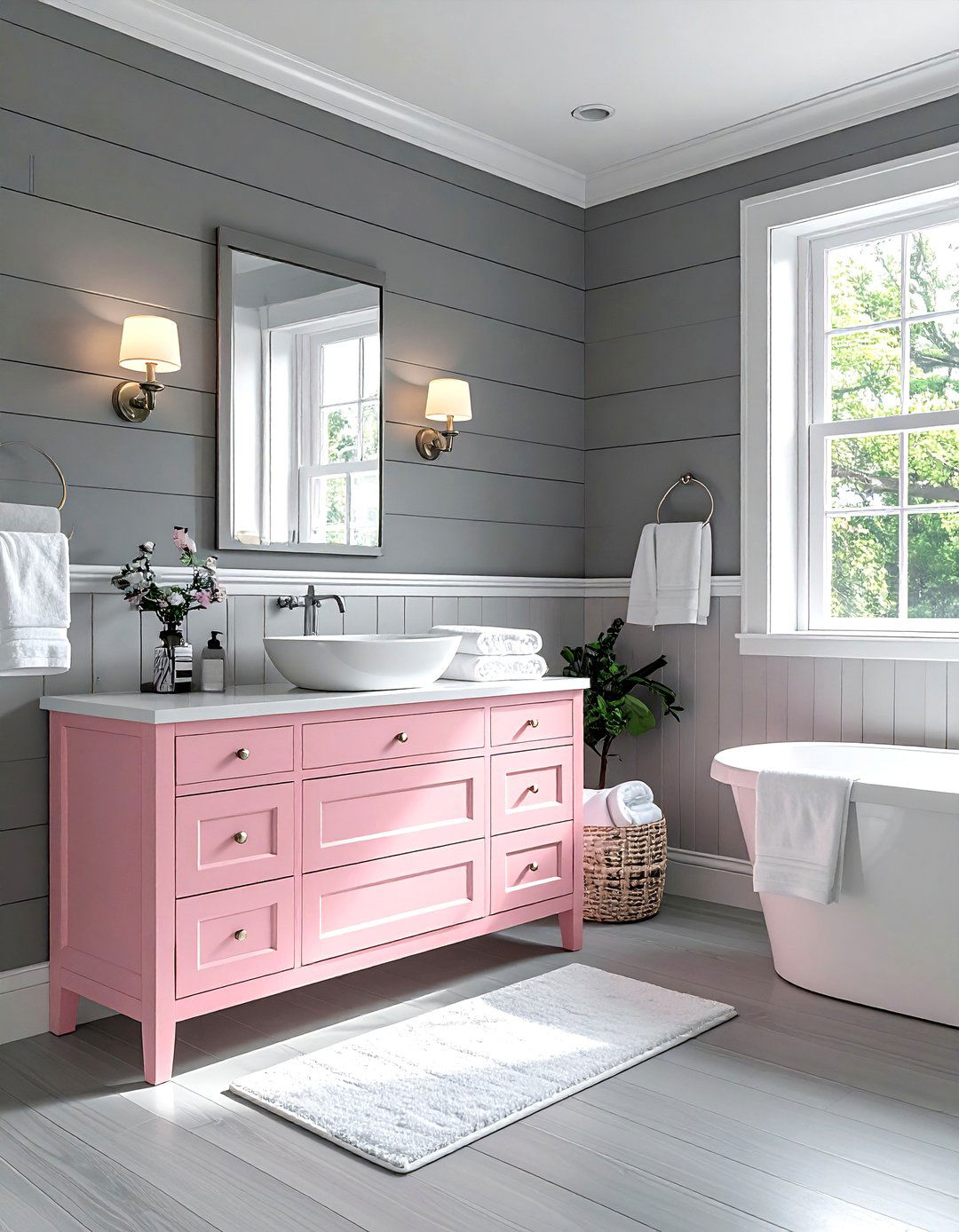 Gray shiplap pink bathroom - 30 pink gray bathroom ideas