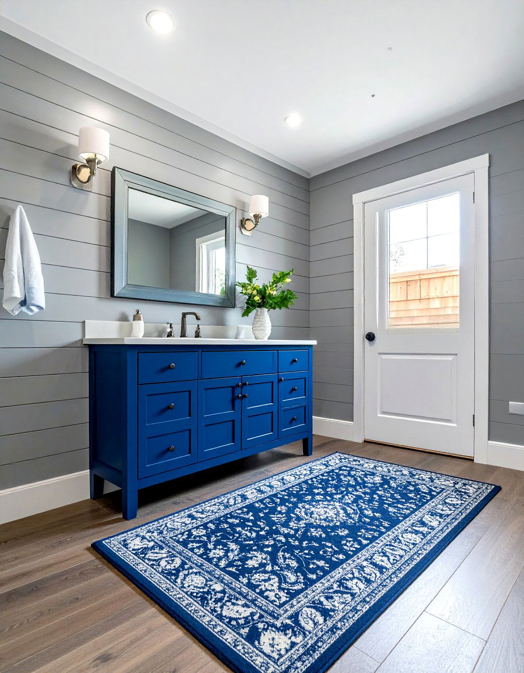 Gray shiplap with blue accents - 30 blue and gray bathroom ideas