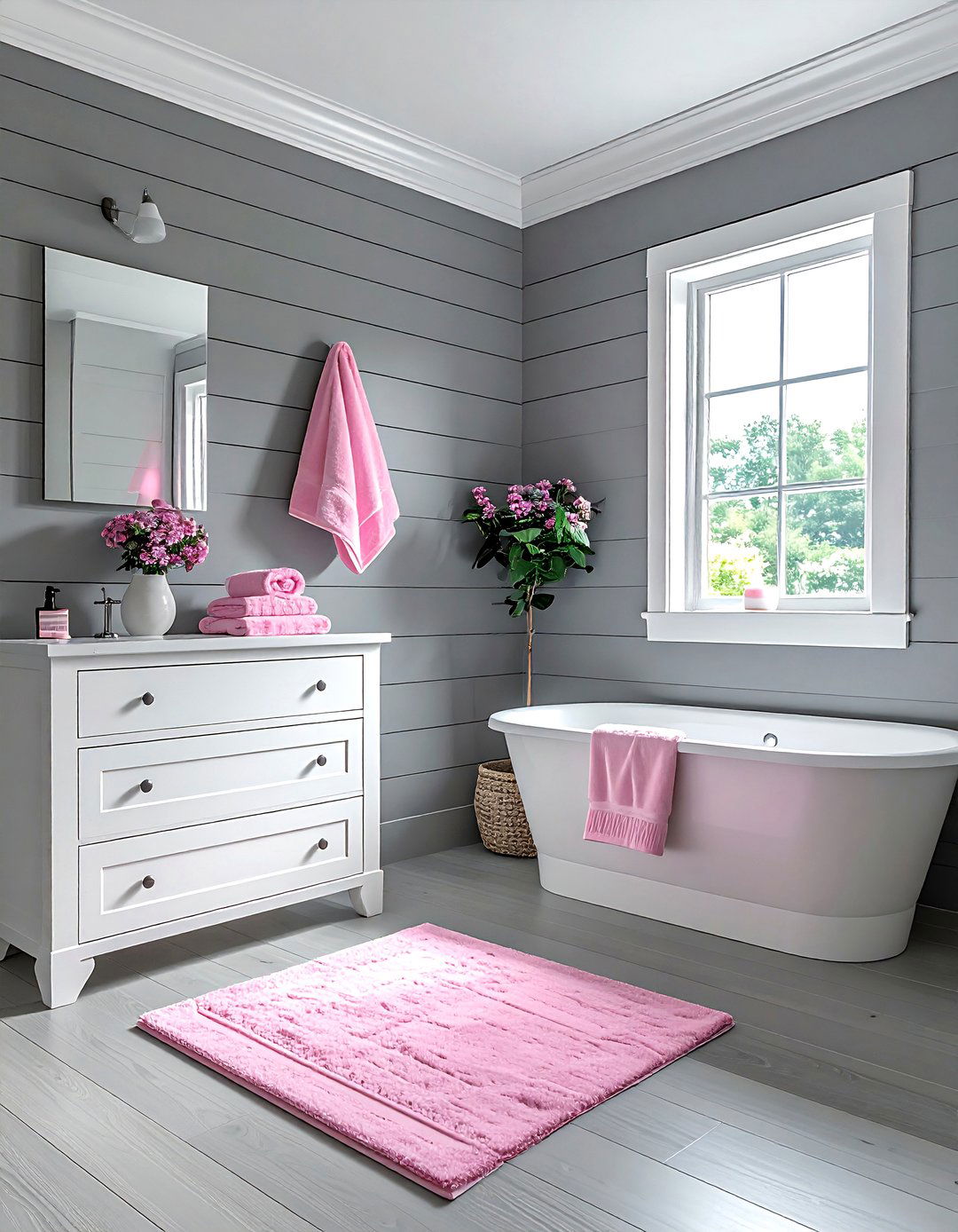Gray shiplap - 30 pink and gray bathroom ideas