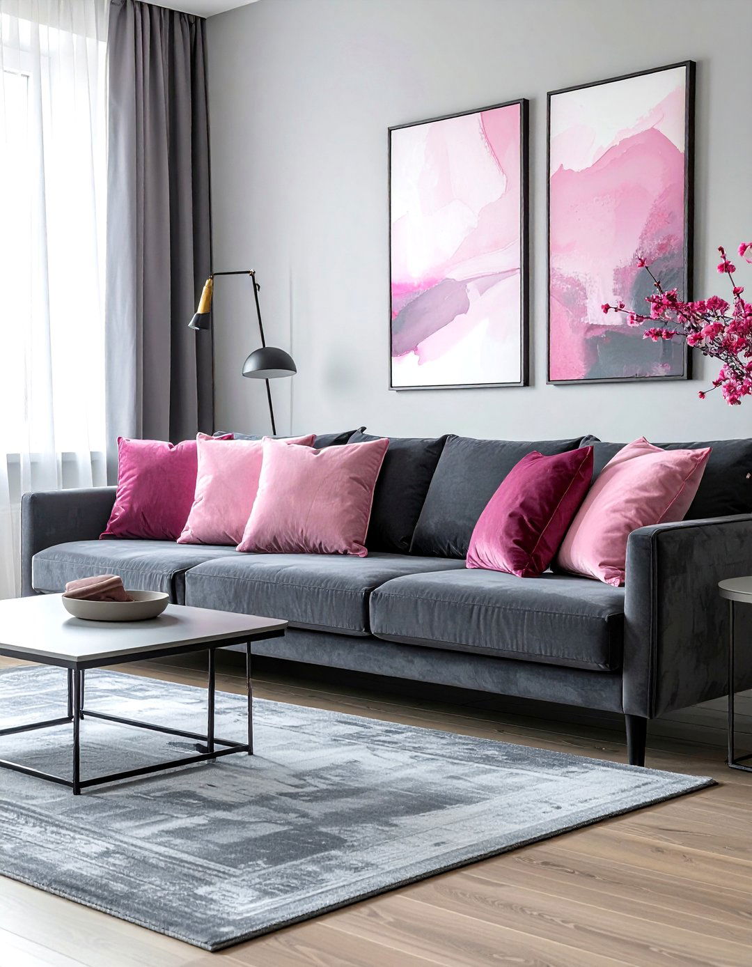 Gray sofa pink pillows living room - 30 pink gray living room ideas