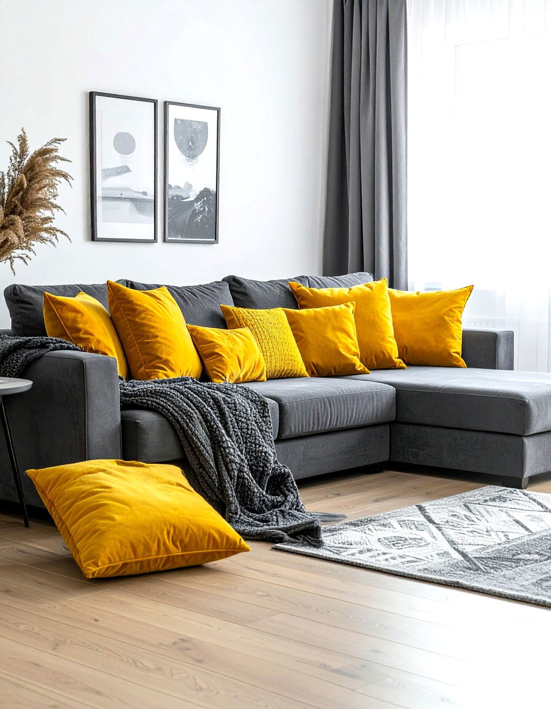 Gray sofa yellow pillows living room - 30 gray and yellow living room ideas