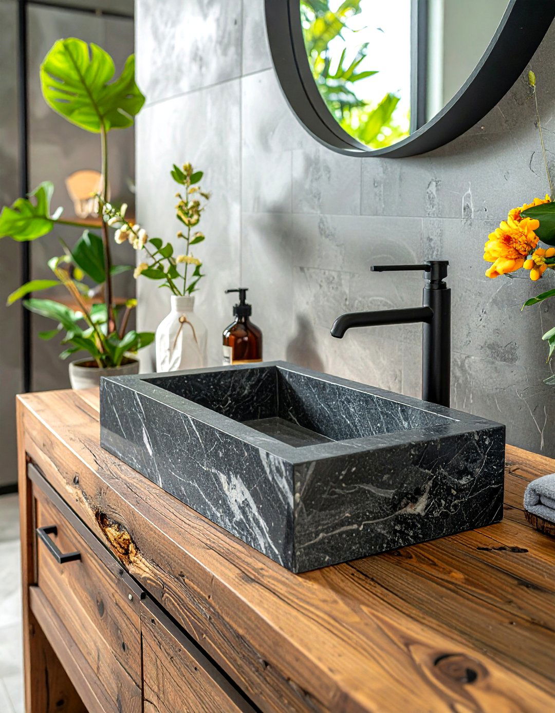 Gray stone sink - 30 dark gray bathroom ideas
