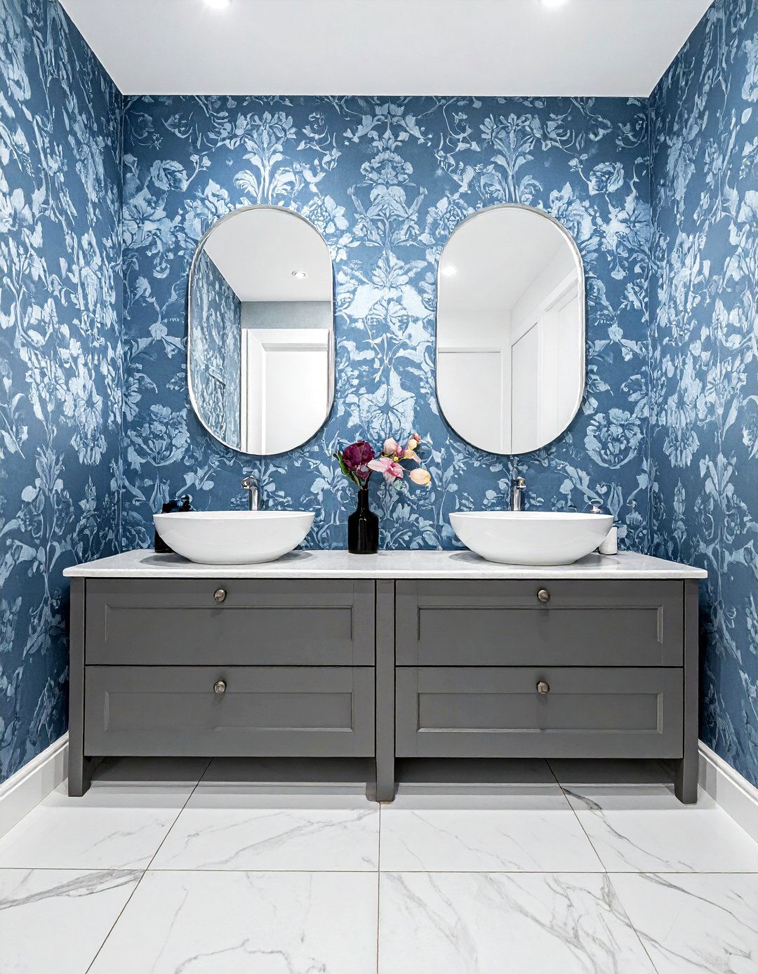 Gray vanity with blue wallpaper - 30 blue and gray bathroom ideas