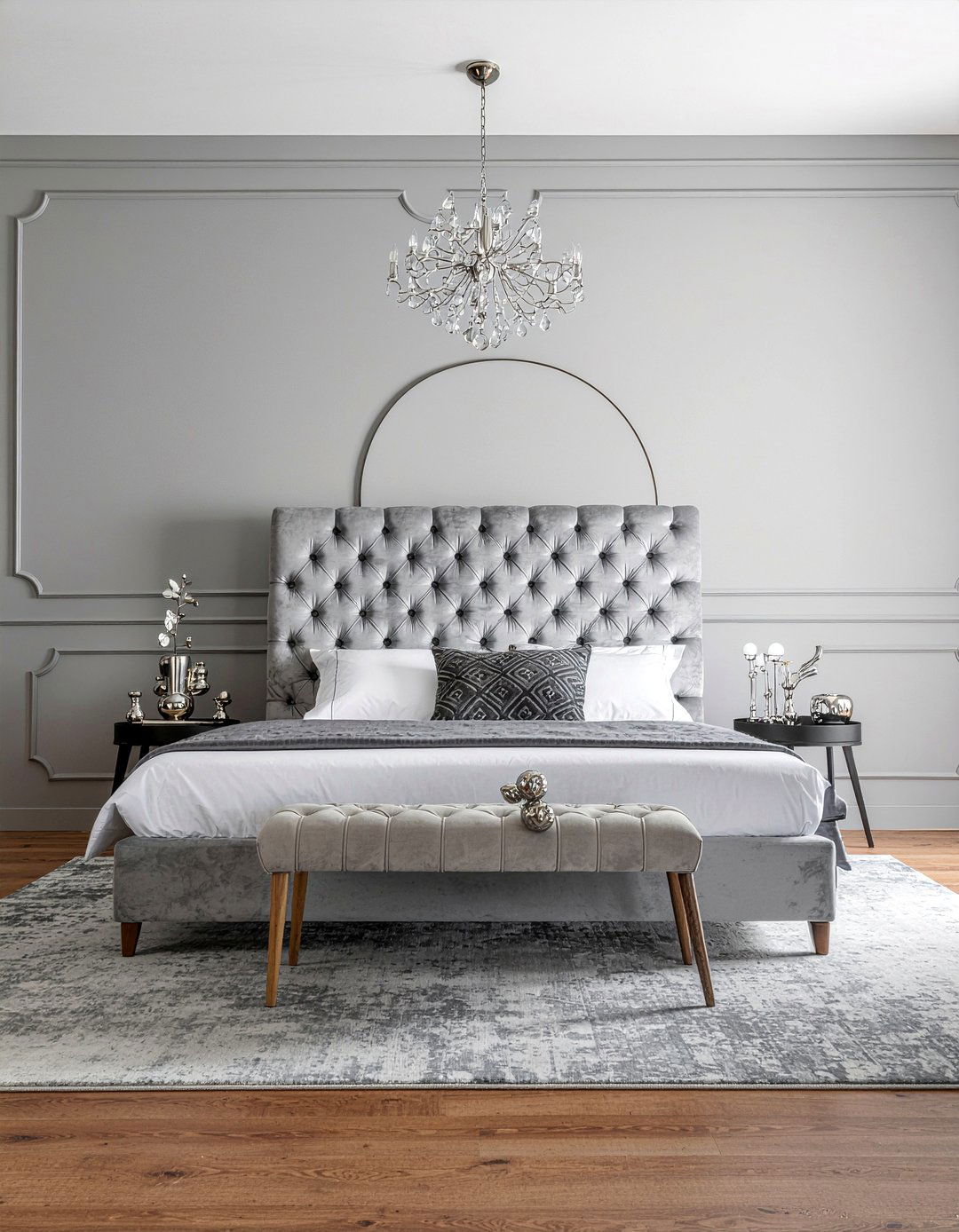 Gray velvet bed frame - 30 all gray bedroom ideas
