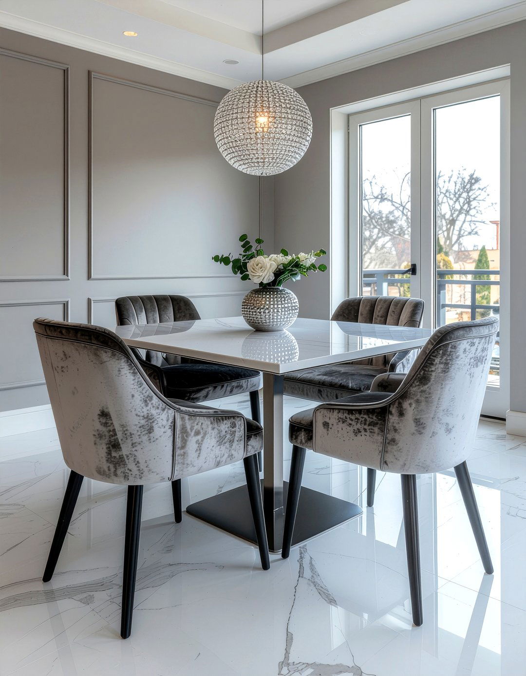 Gray velvet dining chairs - 30 gray dining room ideas