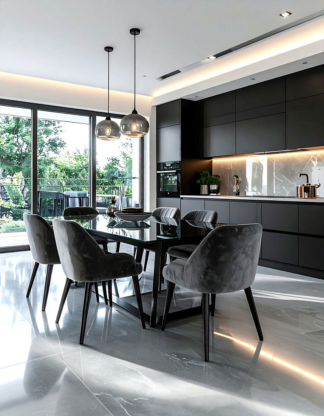 Gray velvet dining chairs in modern kitchen - 30 velvet kitchen ideas