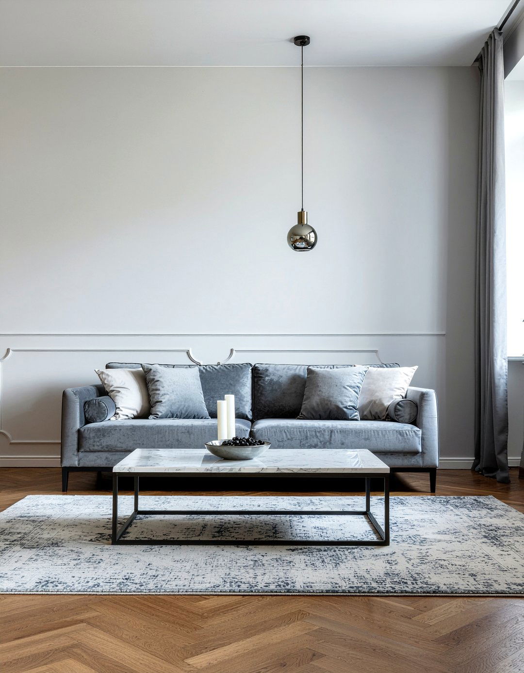 Gray velvet sofa - 30 warm gray living room ideas