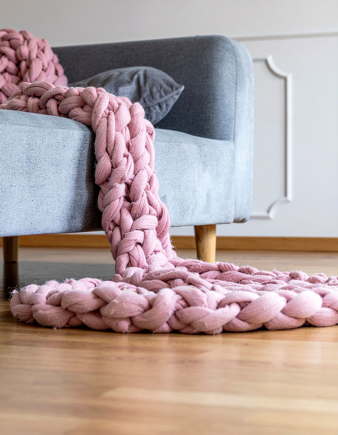 Gray velvet sofa pink throw blankets - 30 pink and gray living room ideas