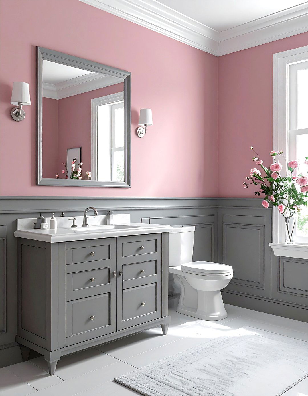Gray wainscoting - 30 pink and gray bathroom ideas