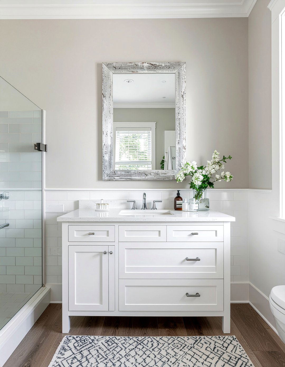 Gray wash wood mirror - 30 framed bathroom mirror ideas
