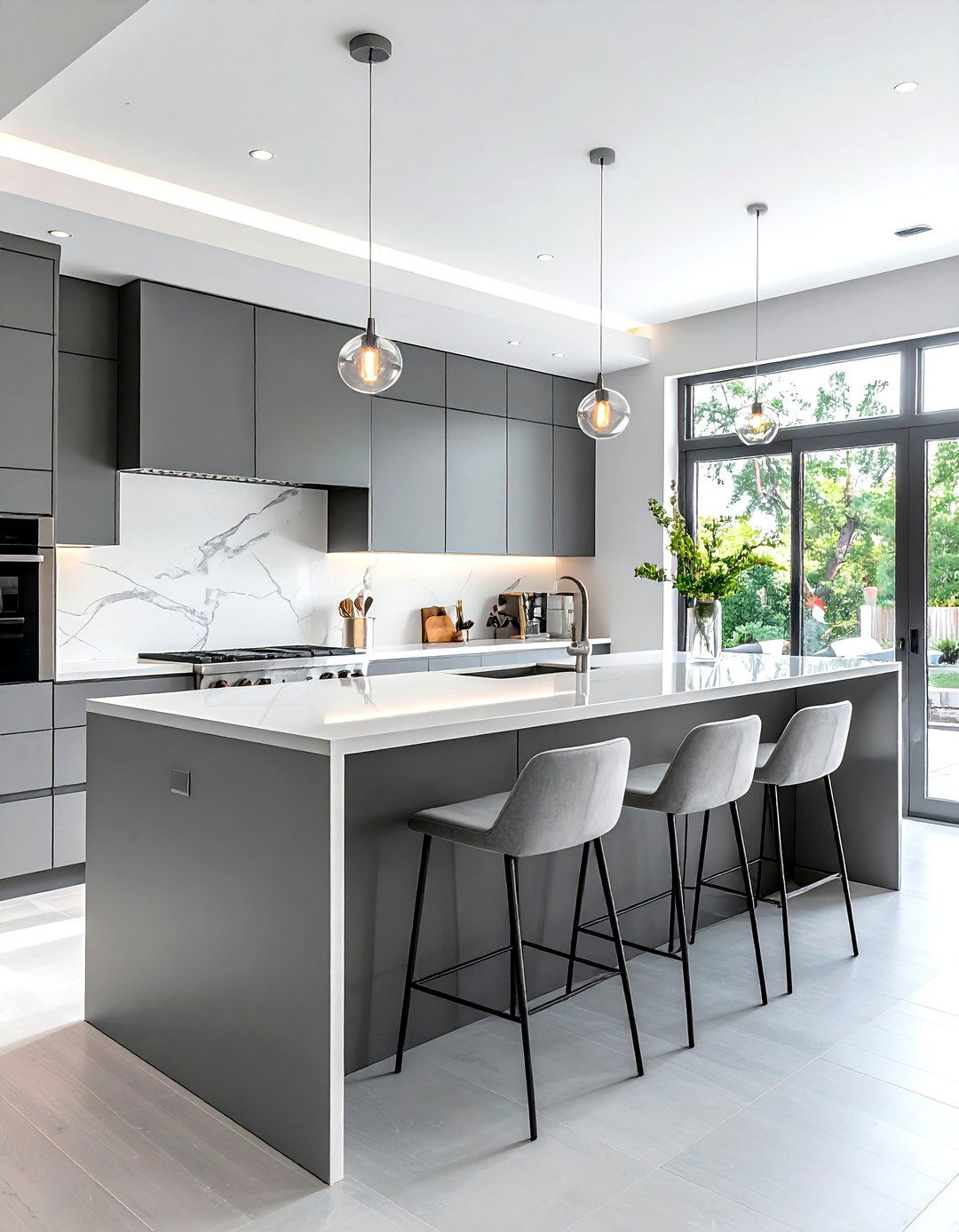 Gray white kitchen waterfall island - 30 gray and white kitchen ideas