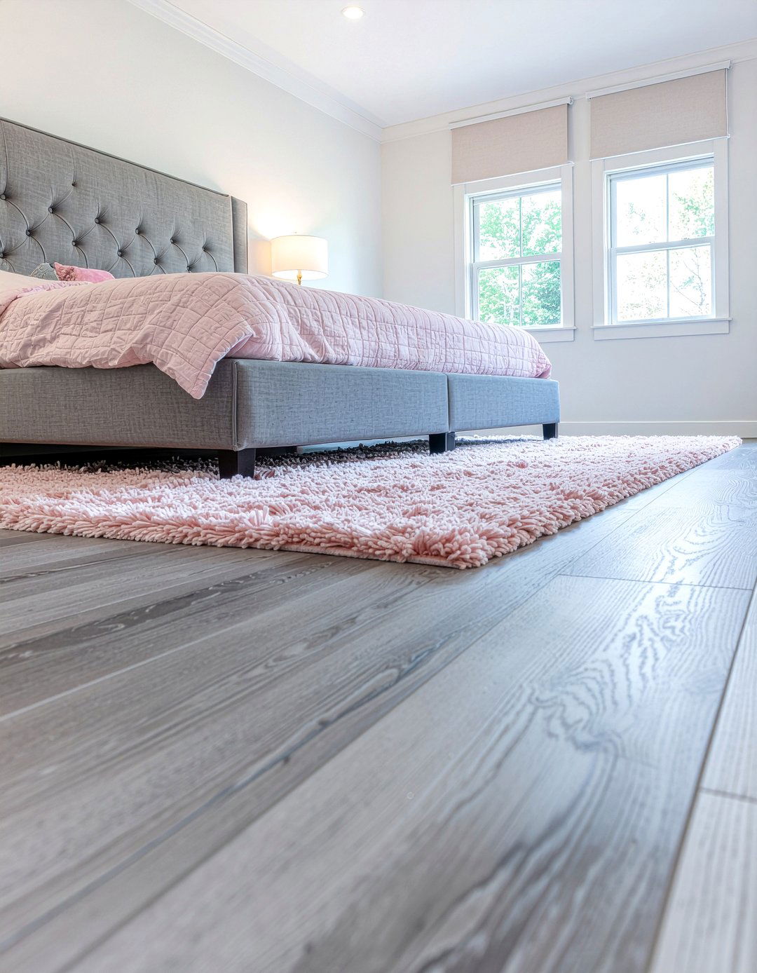 Gray wood flooring pink rug - 30 pink and gray bedroom ideas