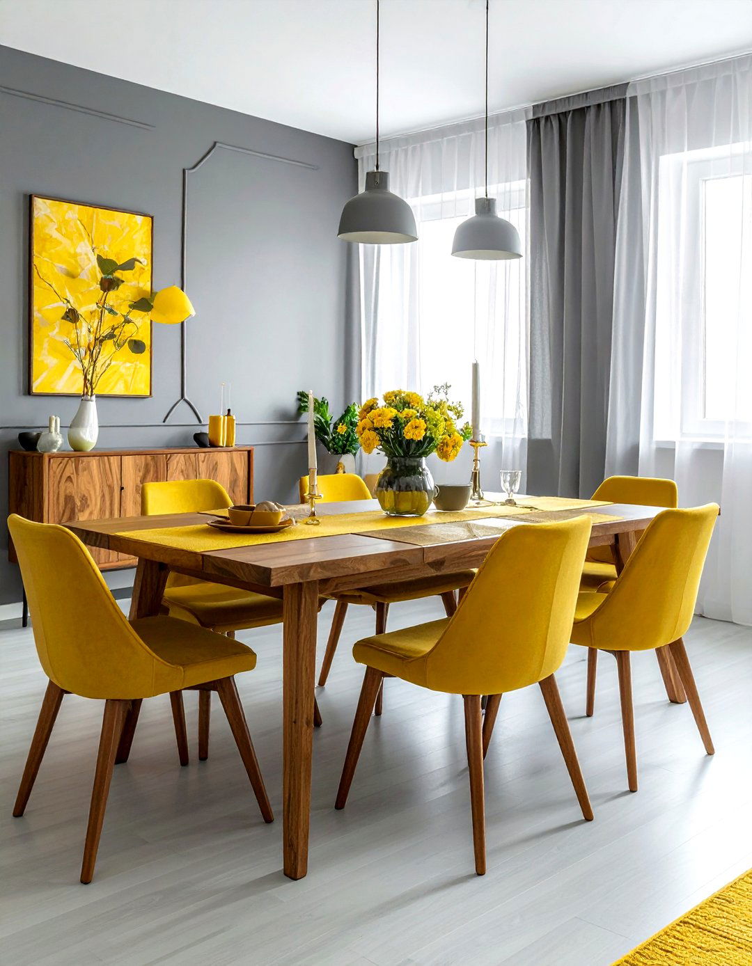 Gray yellow dining wood table - 30 gray and yellow dining room ideas