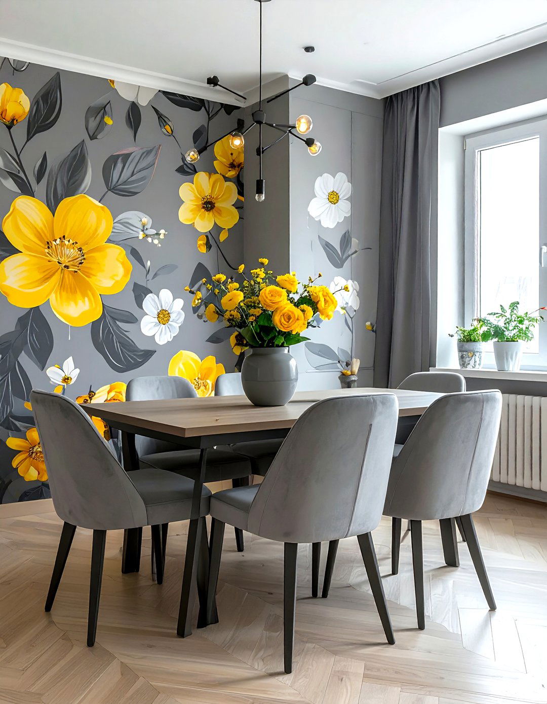 Gray yellow floral wallpaper dining - 30 gray and yellow dining room ideas
