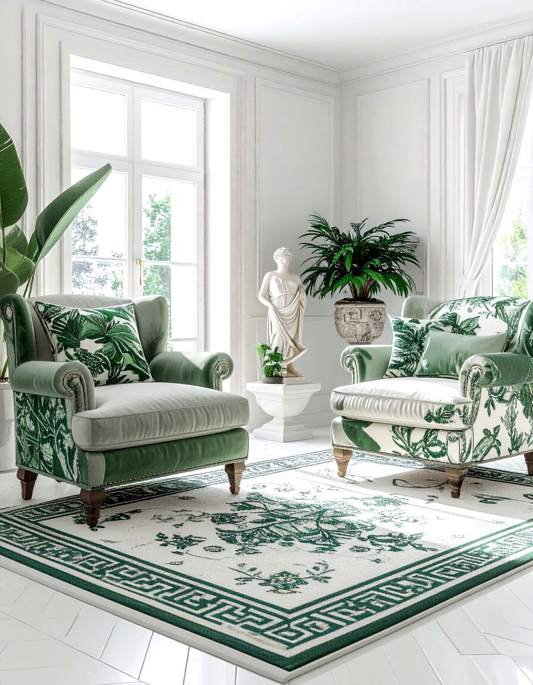 Greek key and botanical living room - 30 living room pattern mixing ideas