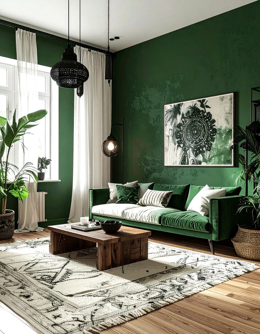 Green And Black Boho Living Room - 30 bohemian green living room ideas
