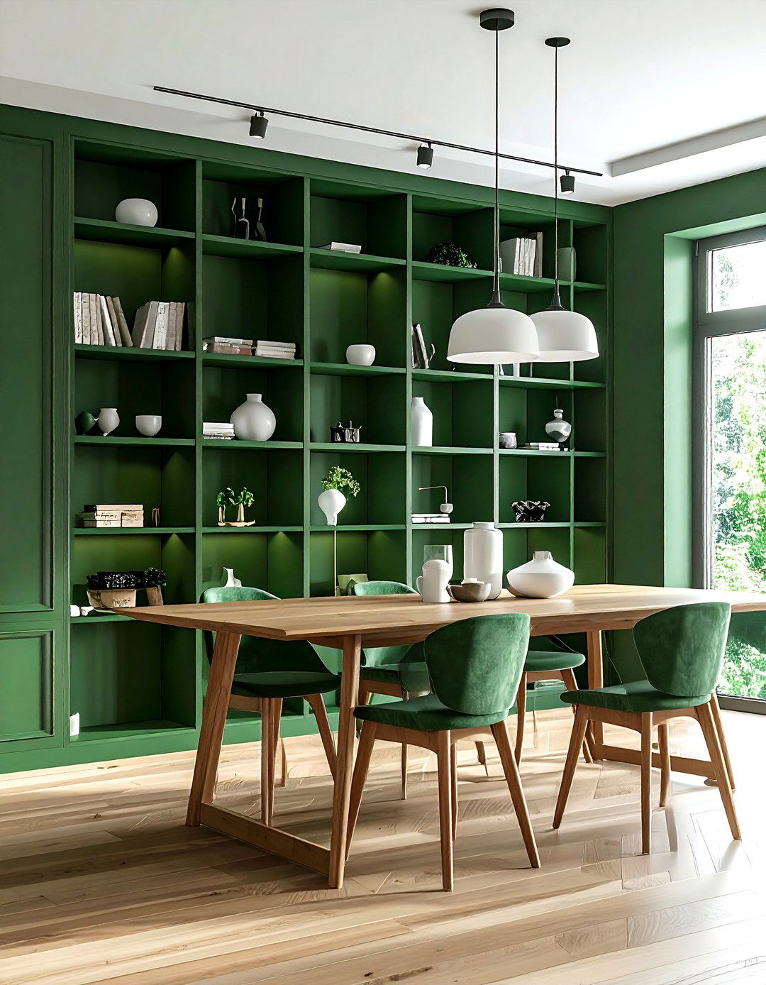 Green Bookshelf Wall - 30 forest green dining room ideas