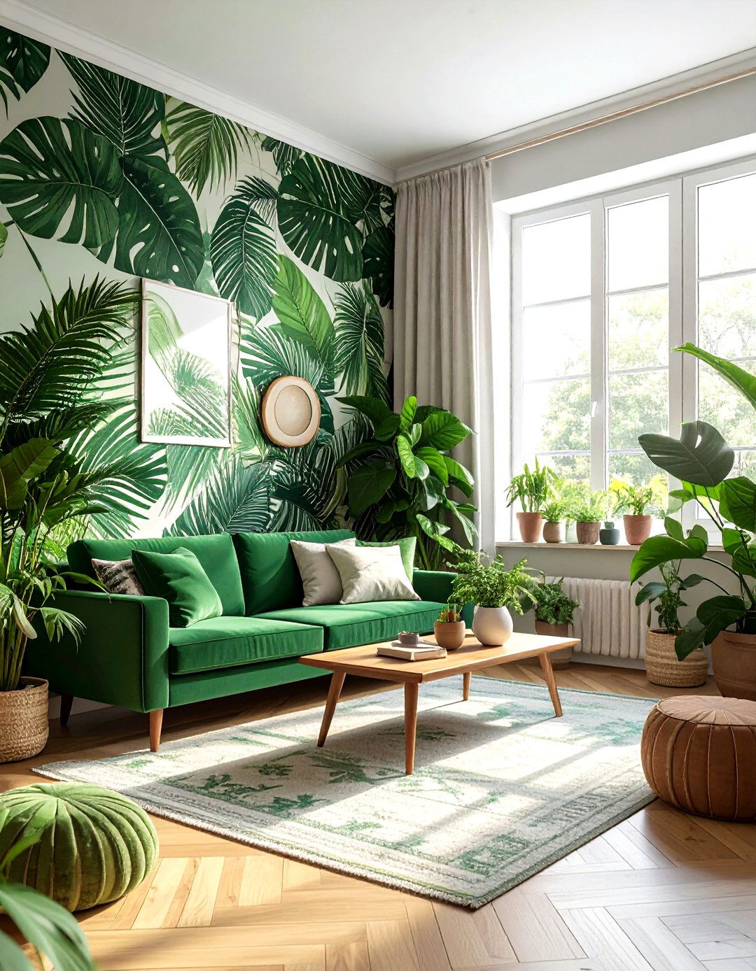 Green Botanical Wallpaper Boho - 30 bohemian green living room ideas