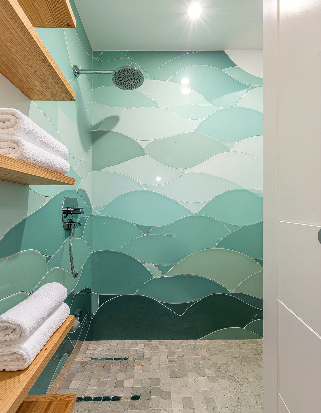 Green Fish Scale Shower - 30 mosaic tile bathroom ideas