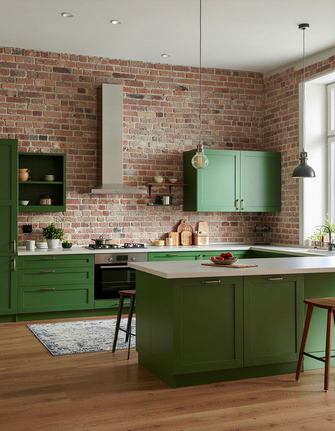 Green Kitchen With Brick Wall - 30 green kitchen design ideas