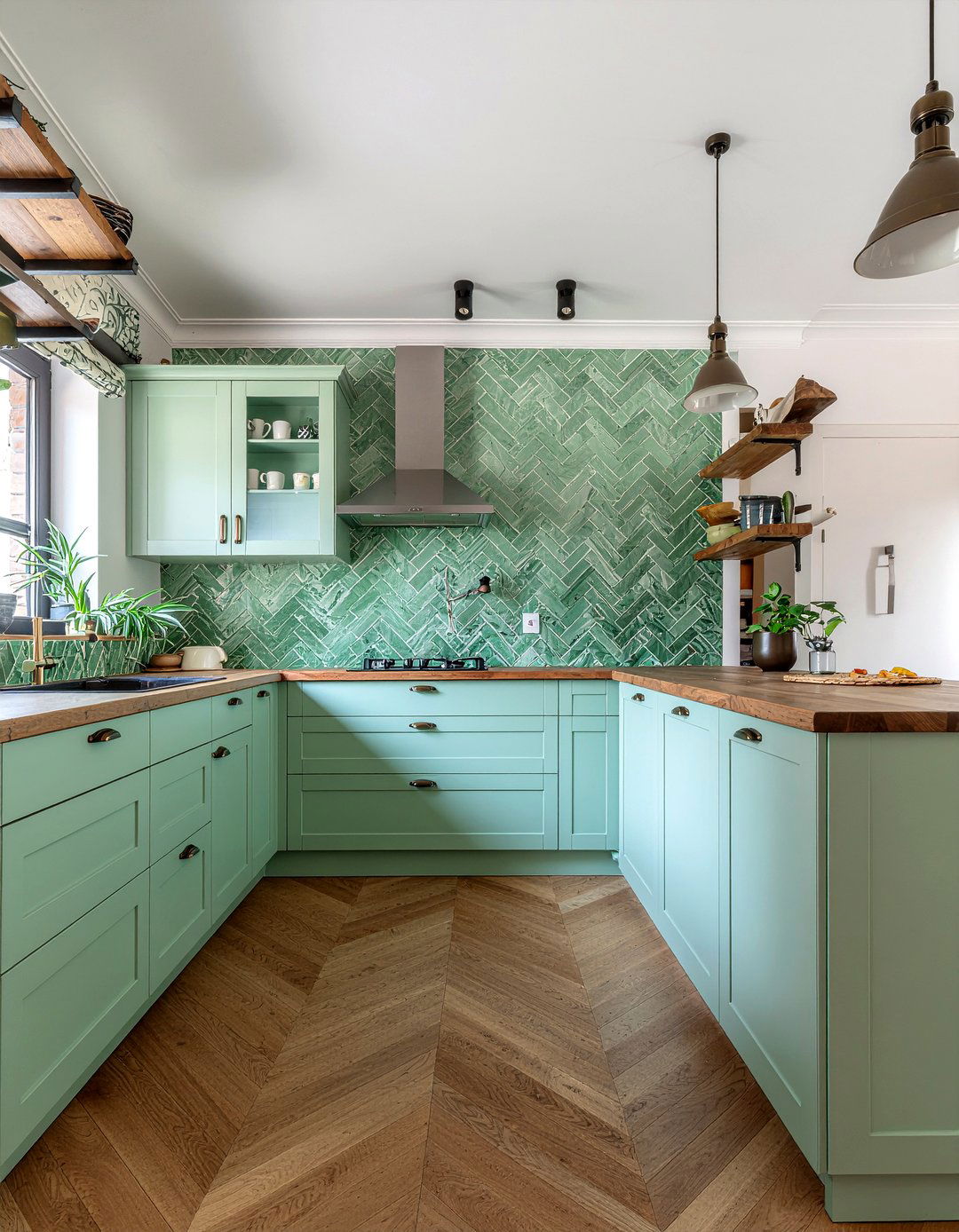 Green Zellige Herringbone Tile - 30 herringbone backsplash kitchen ideas