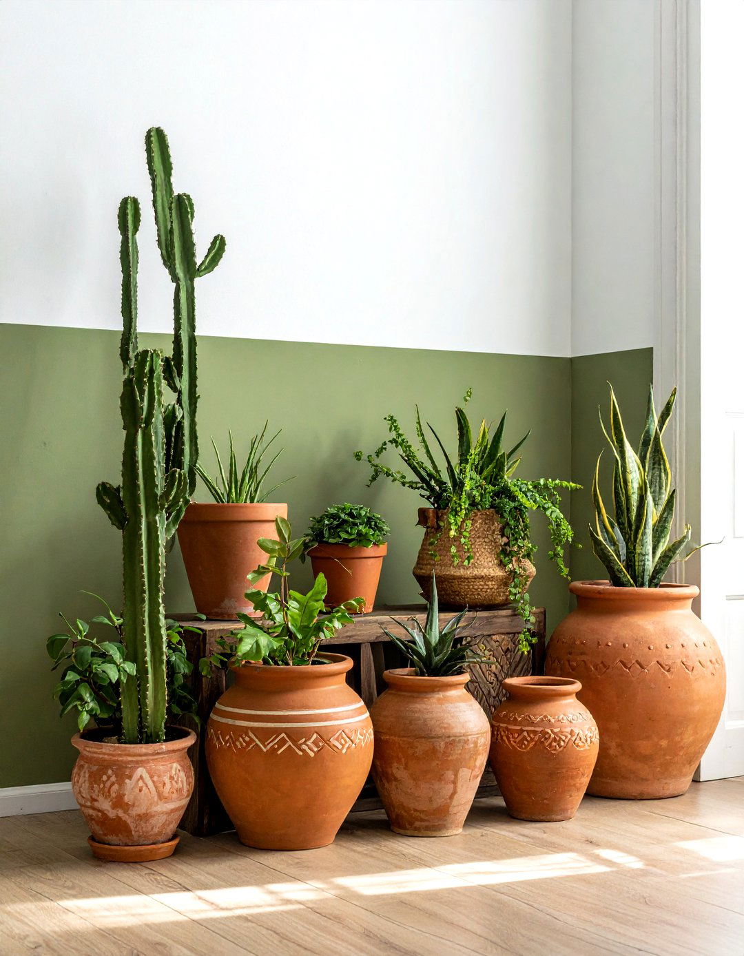 Green and terracotta living room pots - 30 cool green living room ideas