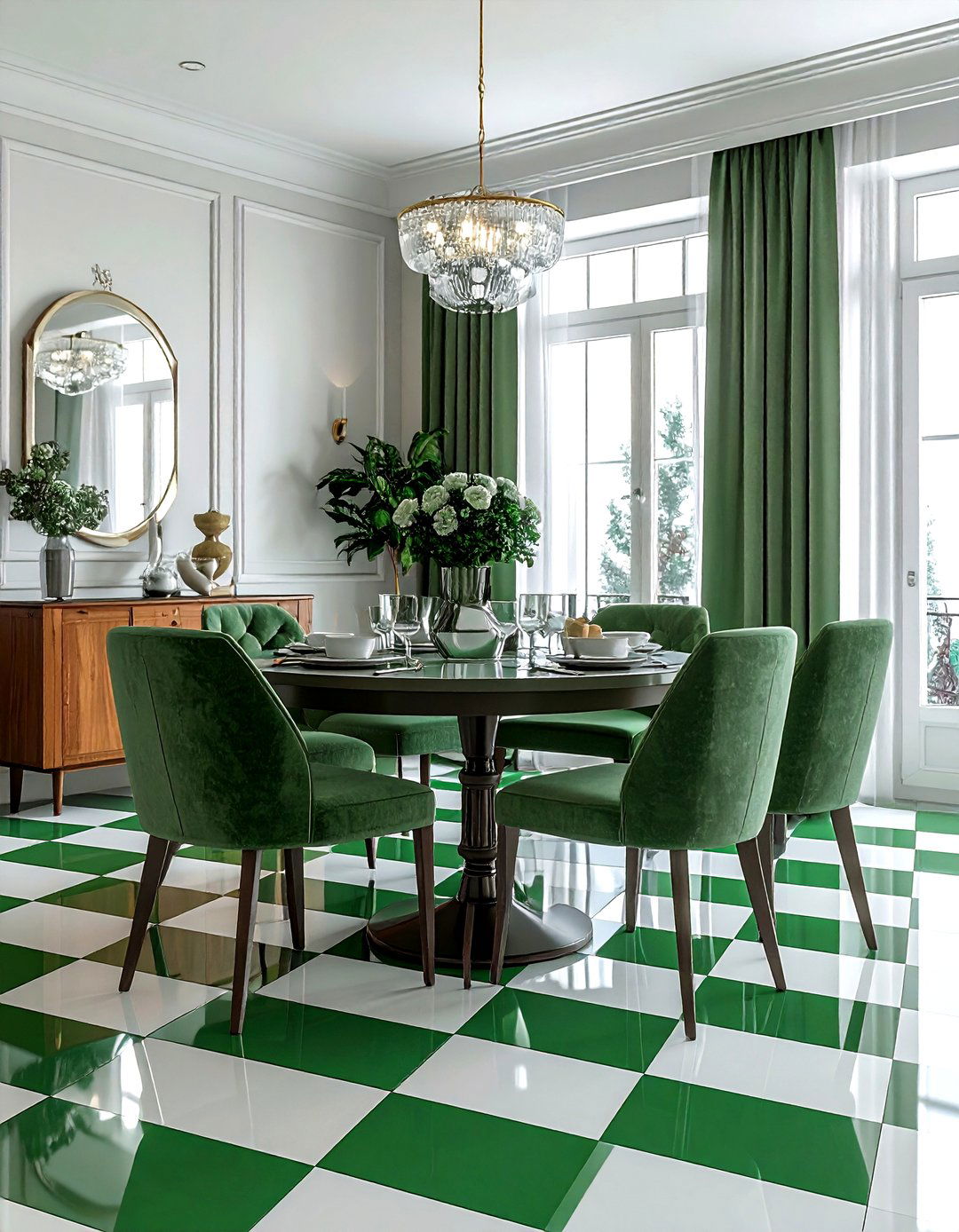 Green and white checkered floor - 30 green and white dining room ideas