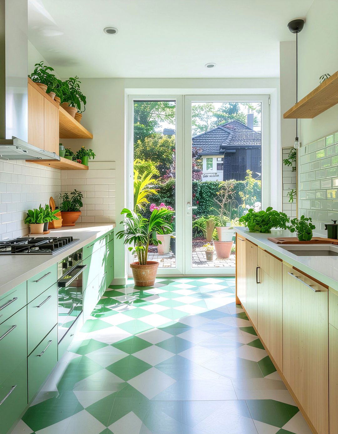 Green and white kitchen floor - 30 checkered floor kitchen ideas