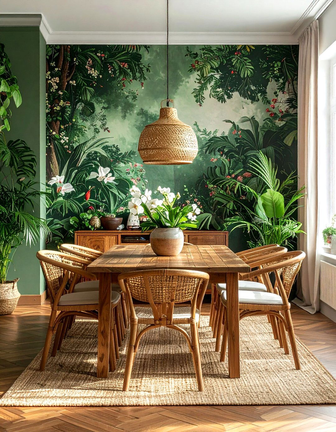Green botanical chinoiserie wallpaper - 30 chinoiserie wallpaper dining room ideas