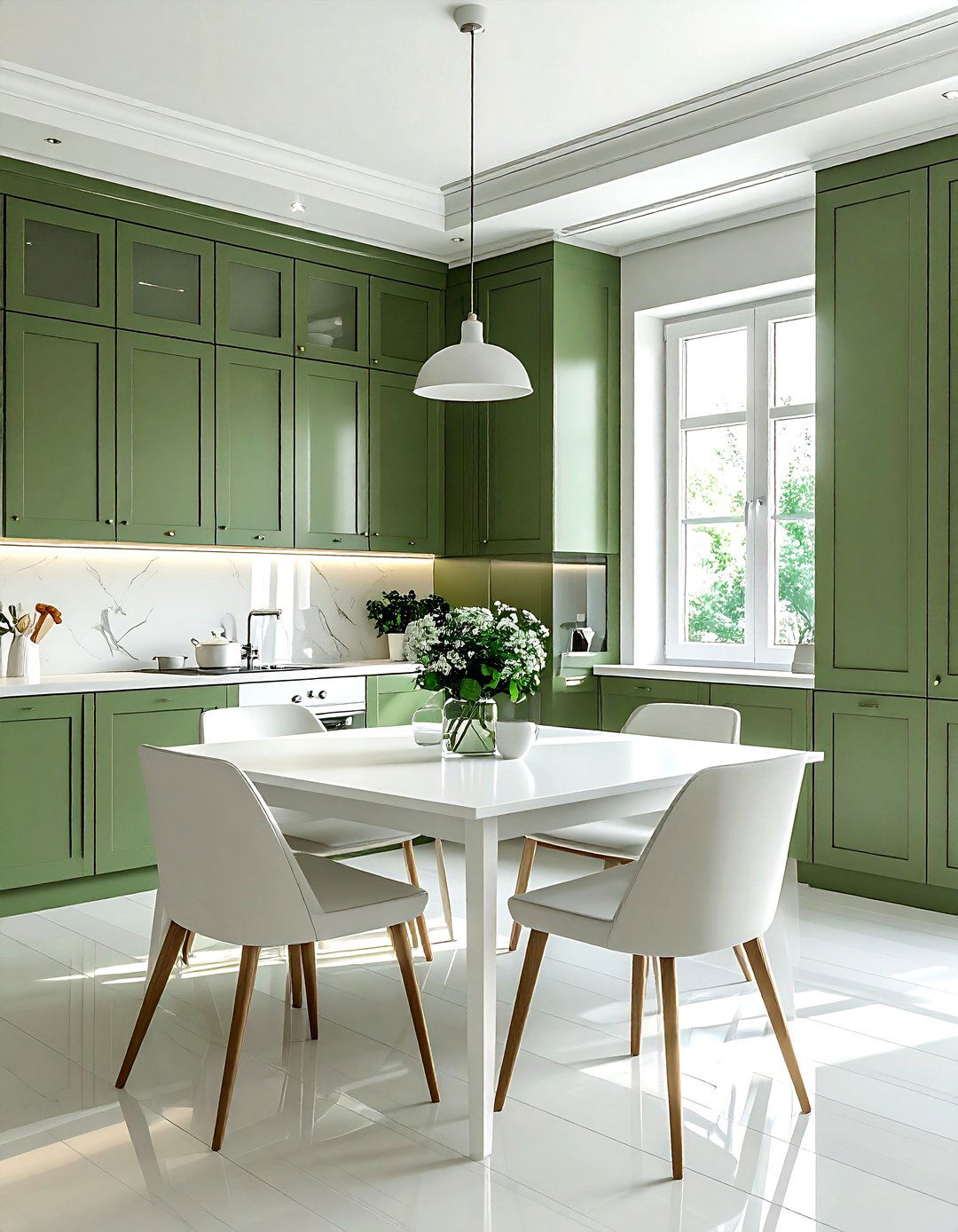 Green built in cabinets white table - 30 green and white dining room ideas