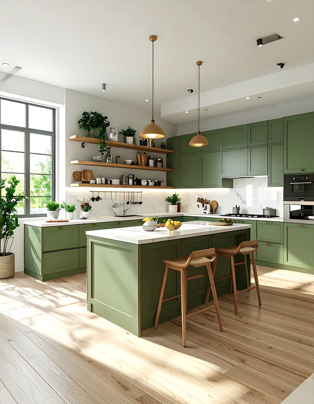 Green cabinetry open plan kitchen - 30 open plan kitchen ideas
