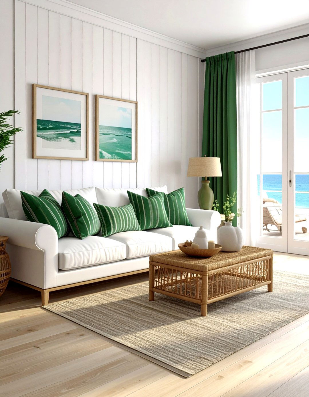 Green coastal style - 30 emerald and white living room ideas