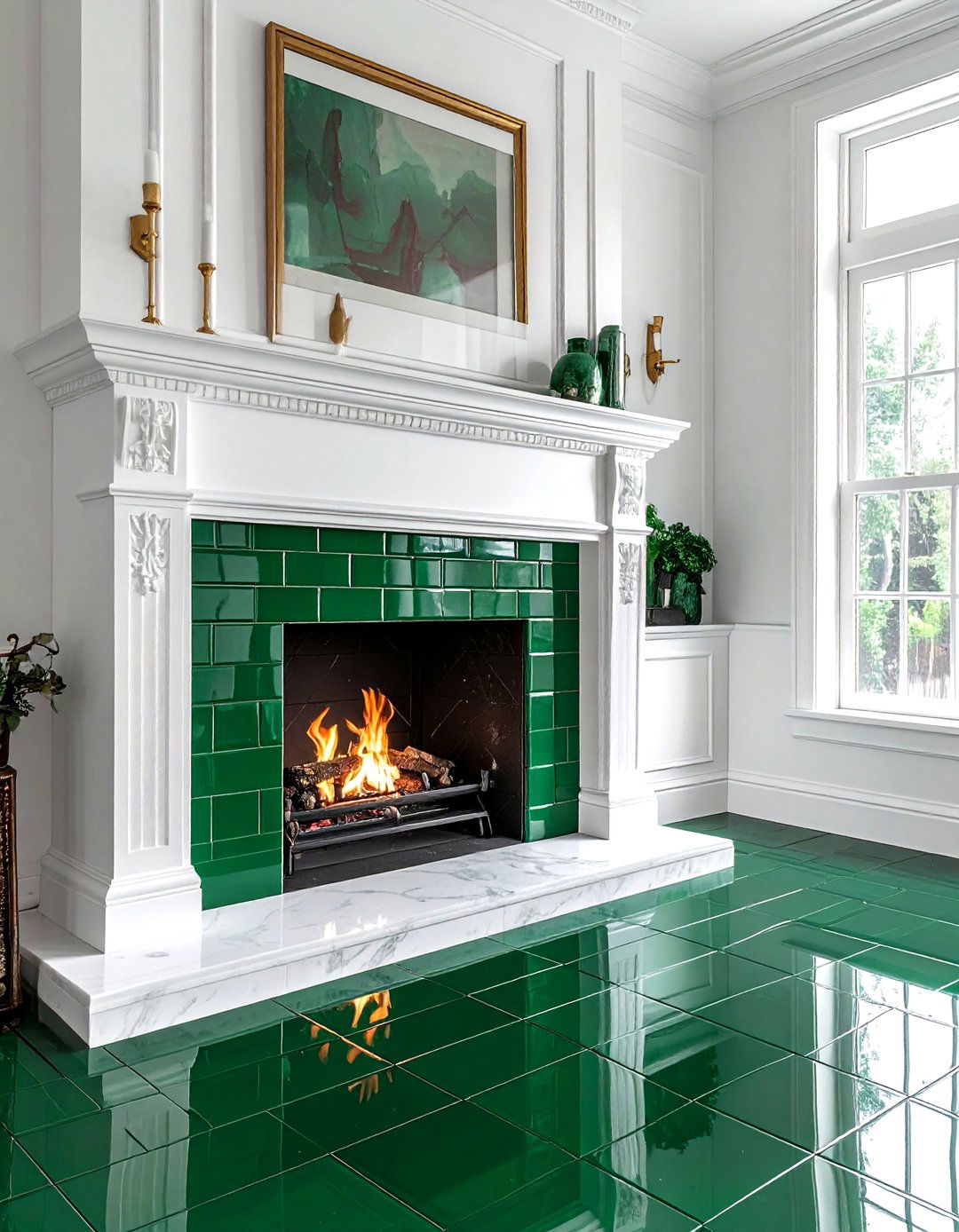 Green fireplace tile - 30 emerald and white living room ideas