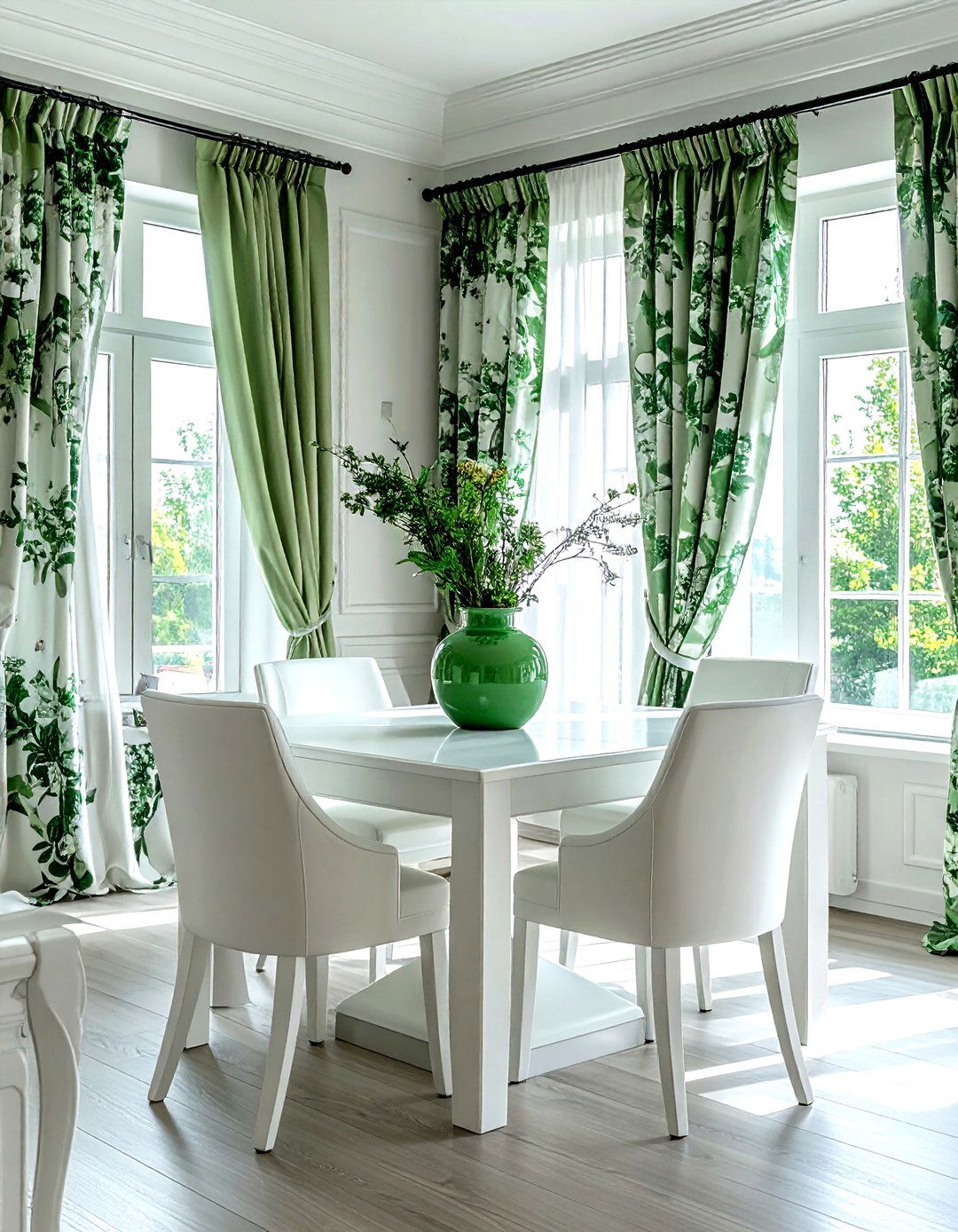 Green floral curtains white walls - 30 green and white dining room ideas