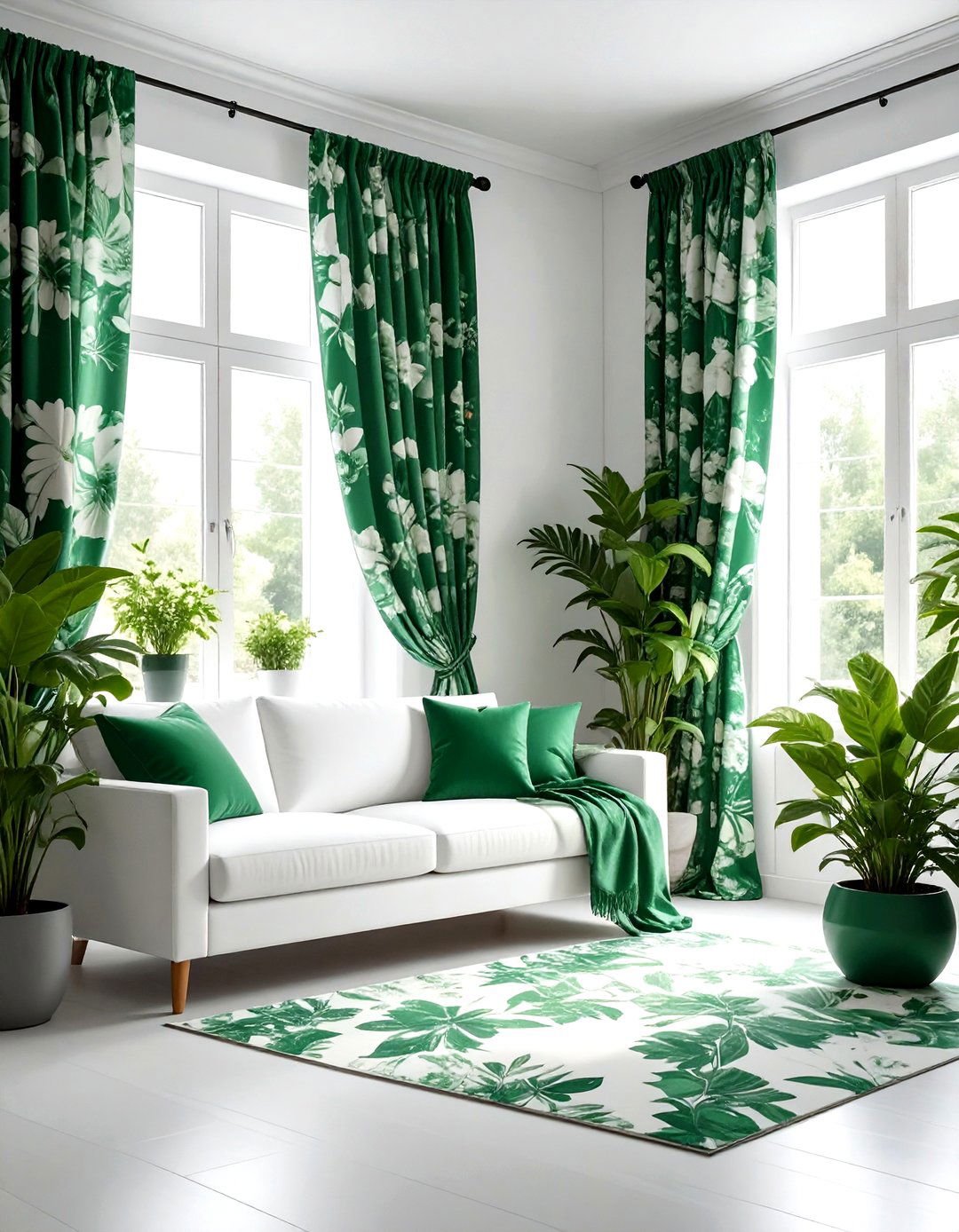 Green floral patterns - 30 emerald and white living room ideas