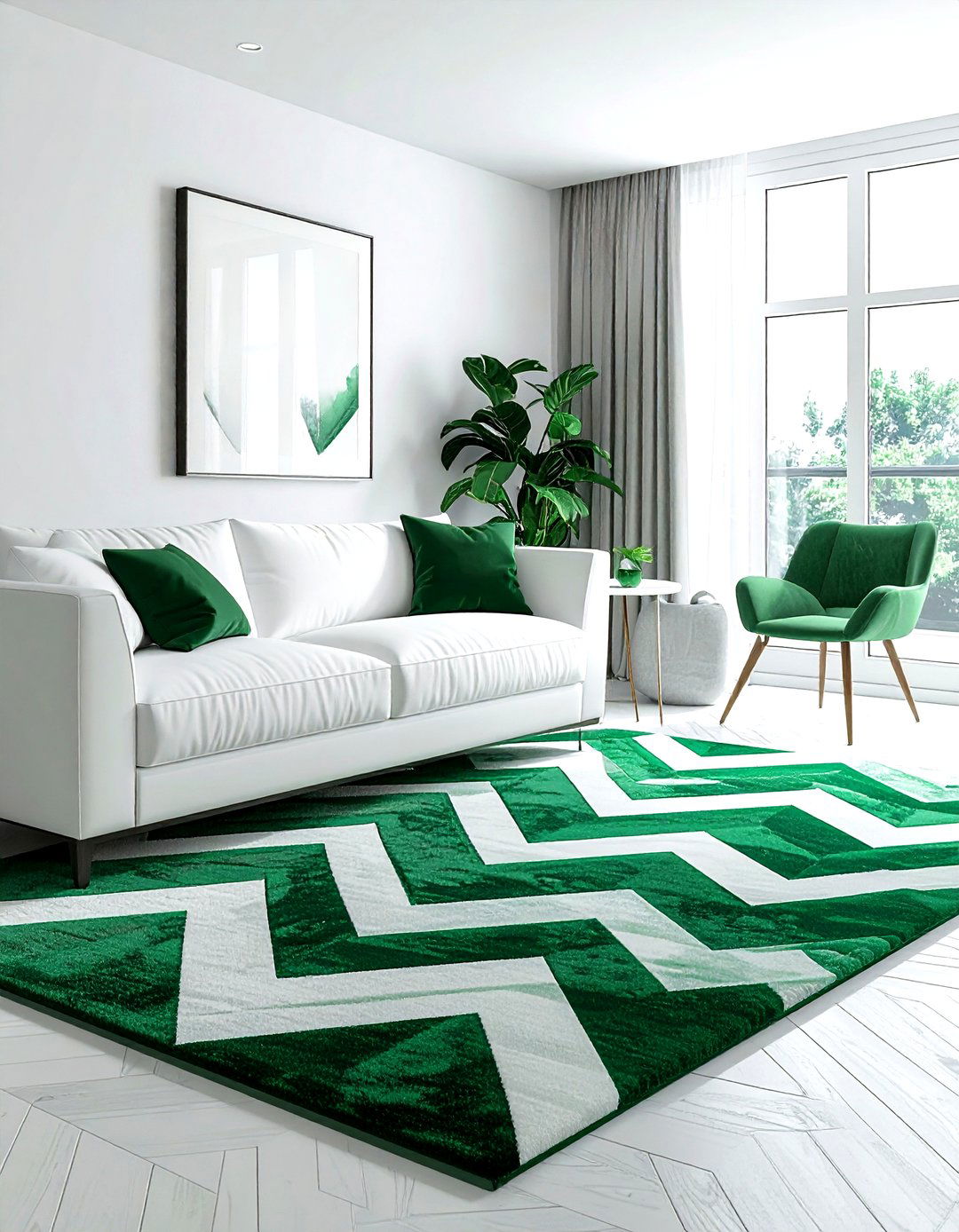 Green geometric rug - 30 emerald and white living room ideas