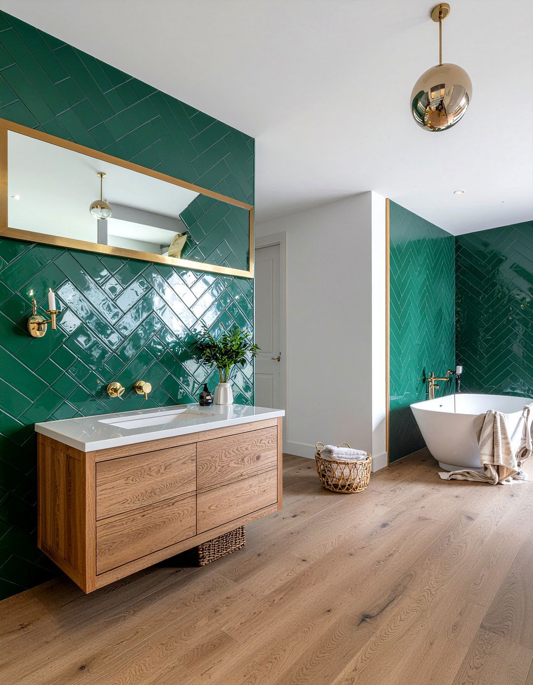 Green herringbone tile - 30 modern take on classic bathroom ideas