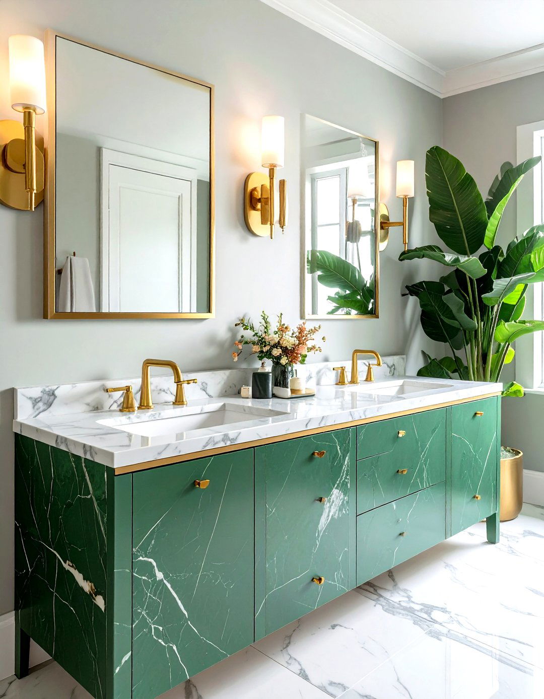 Green marble and gold fixtures - 30 green marble bathroom ideas