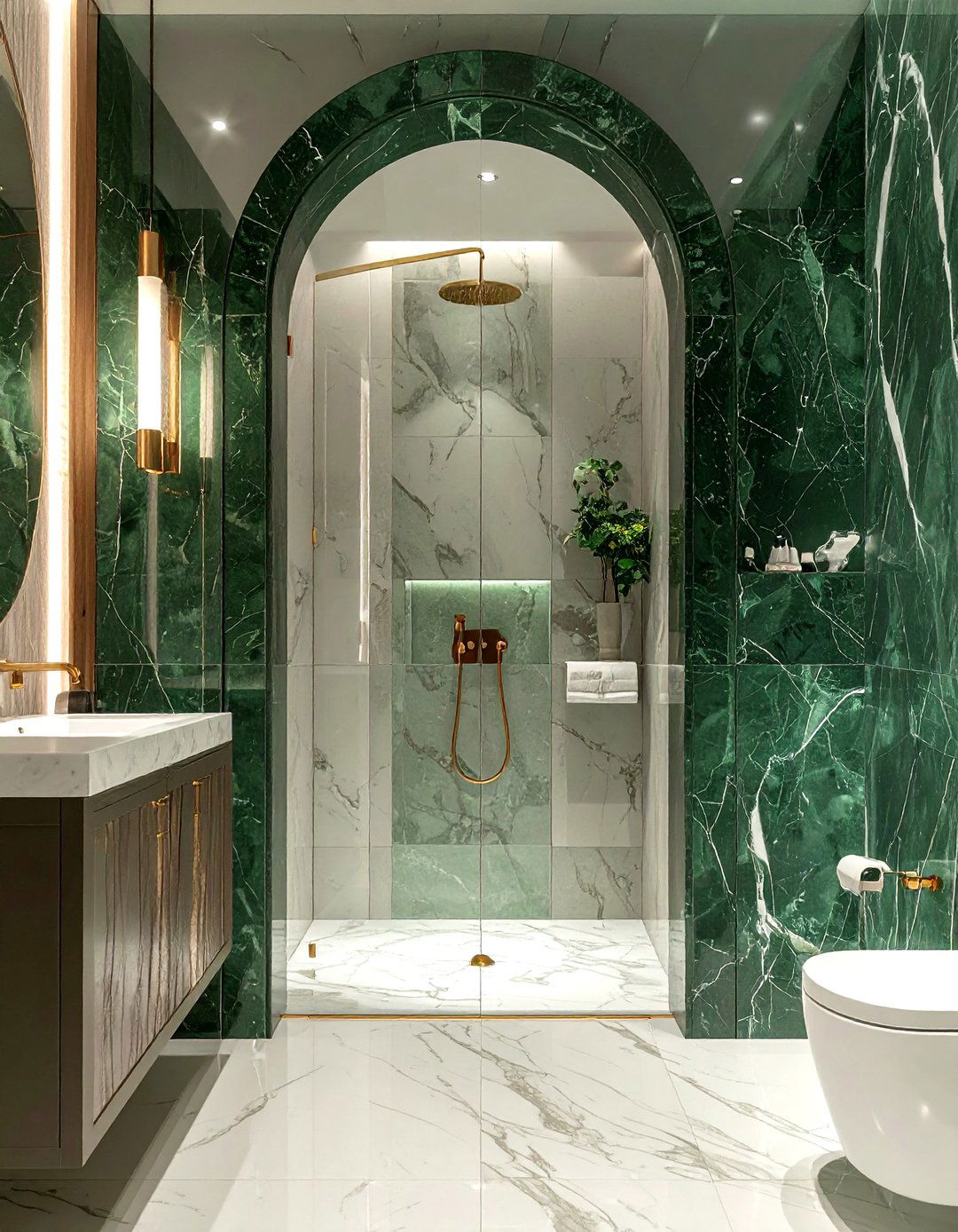 Green marble arched shower - 30 green marble bathroom ideas