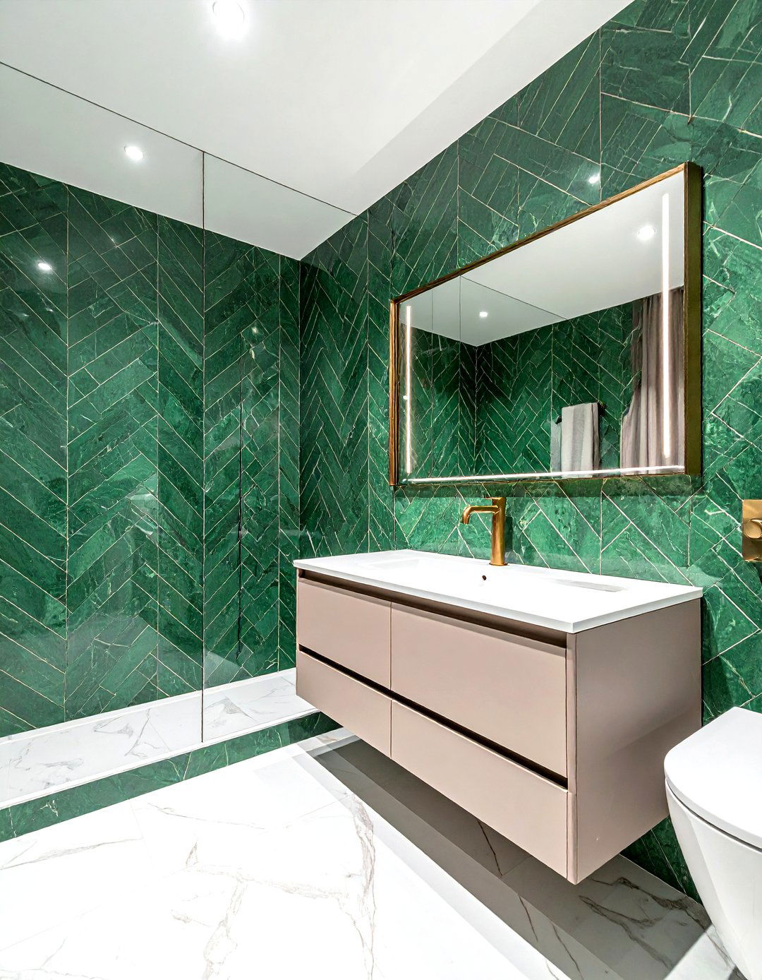 Green marble herringbone tiles - 30 green marble bathroom ideas