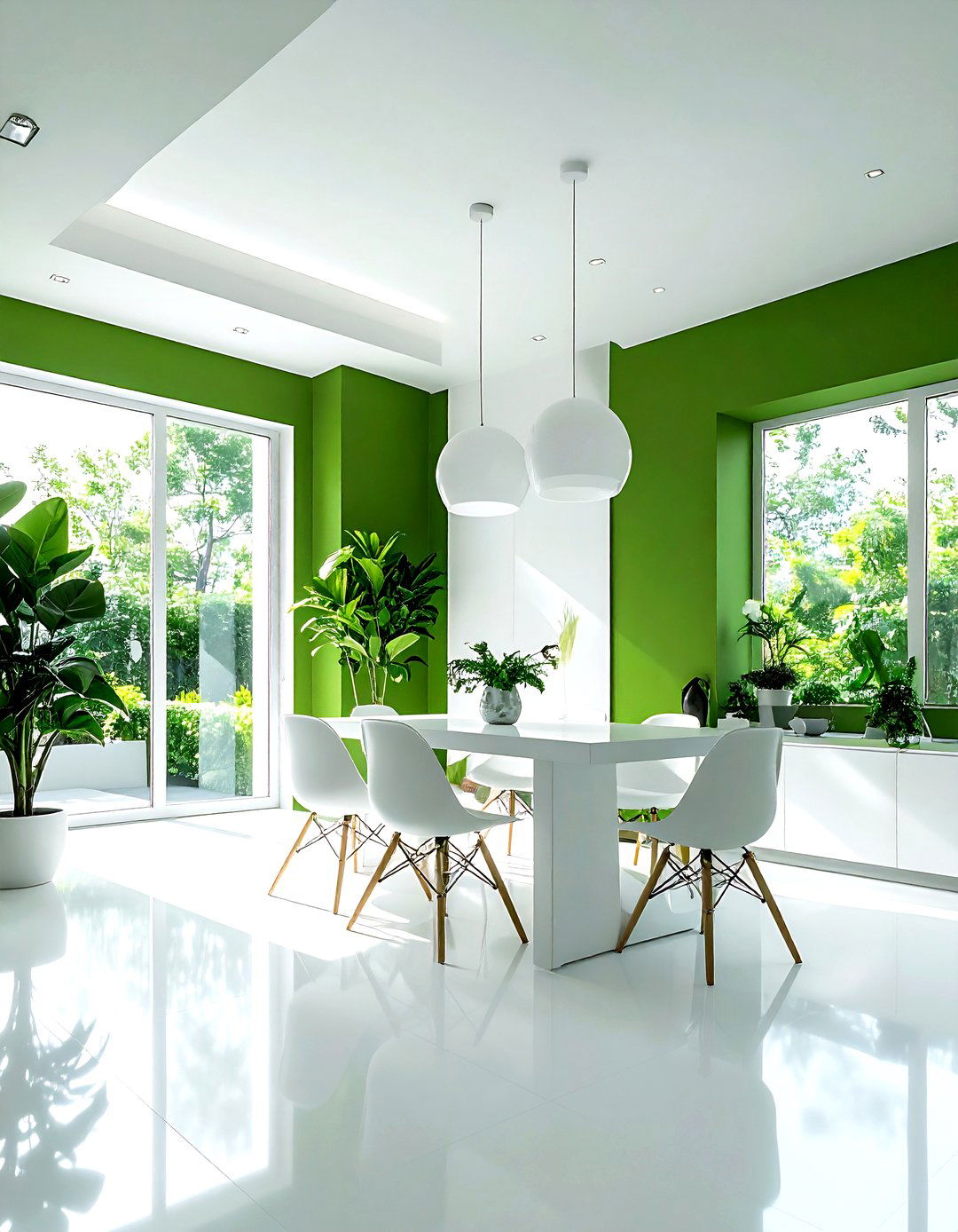 Green minimalist dining room white floor - 30 green and white dining room ideas