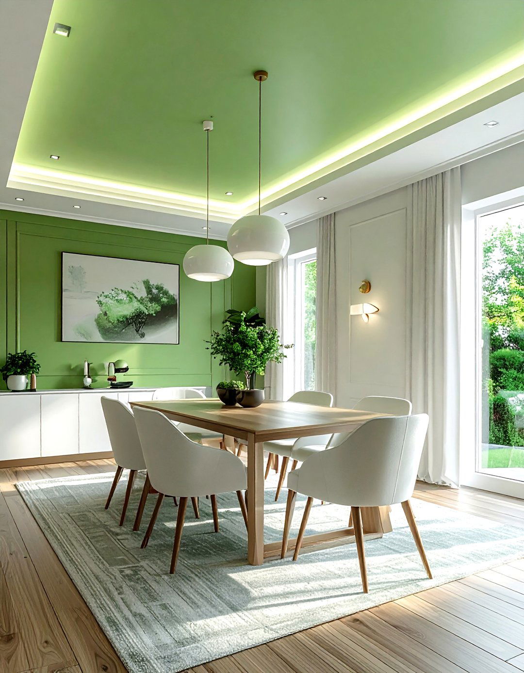 Green painted ceiling white walls - 30 green and white dining room ideas