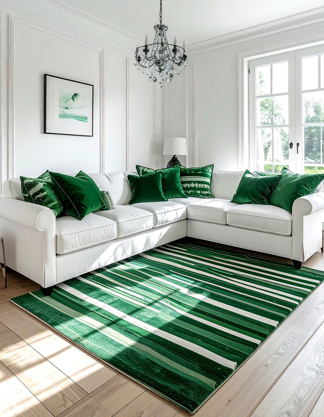 Green striped decor - 30 emerald and white living room ideas