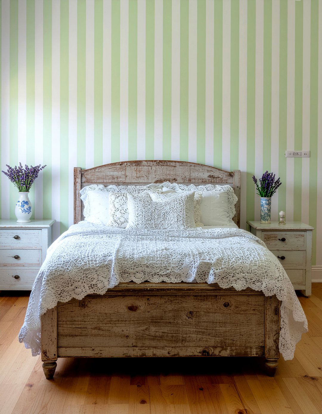 Green ticking stripe wallpaper - 30 bedroom striped wallpapers