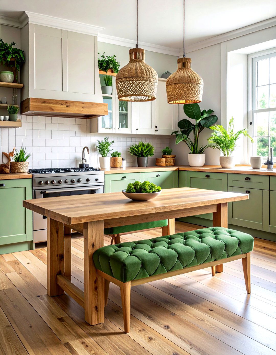 Green tufted bench - 30 tufted banquette dining ideas