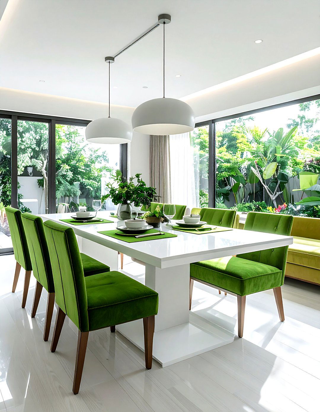 Green upholstered benches white table - 30 green and white dining room ideas