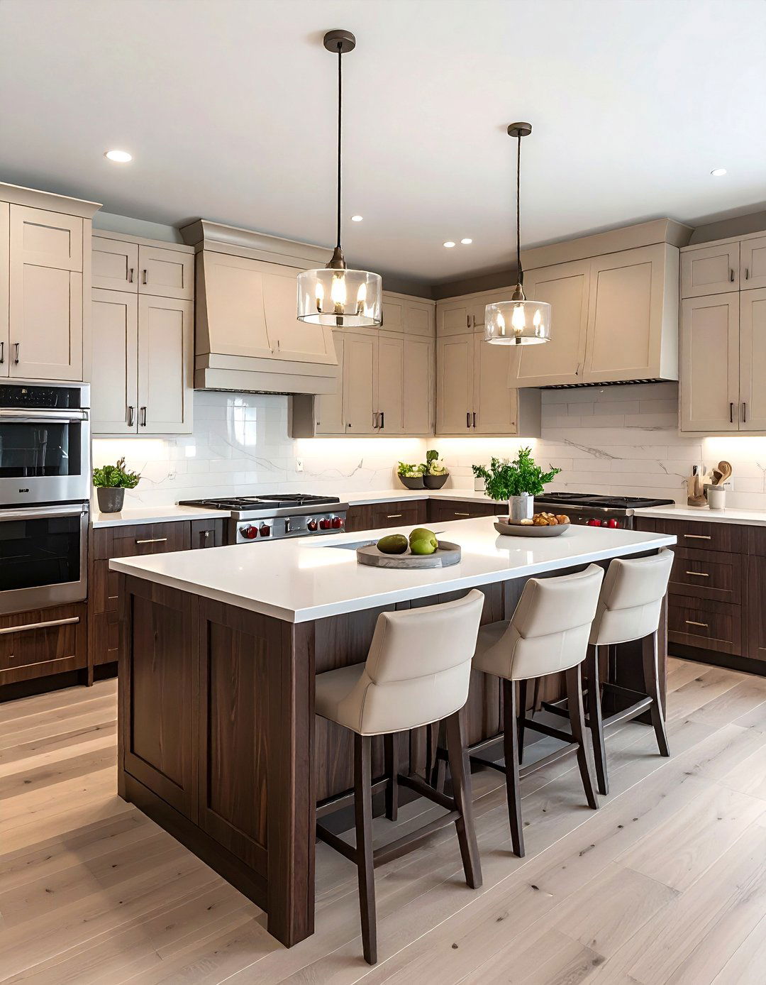 Greige and dark oak kitchen - 30 two-tone cabinet kitchen ideas