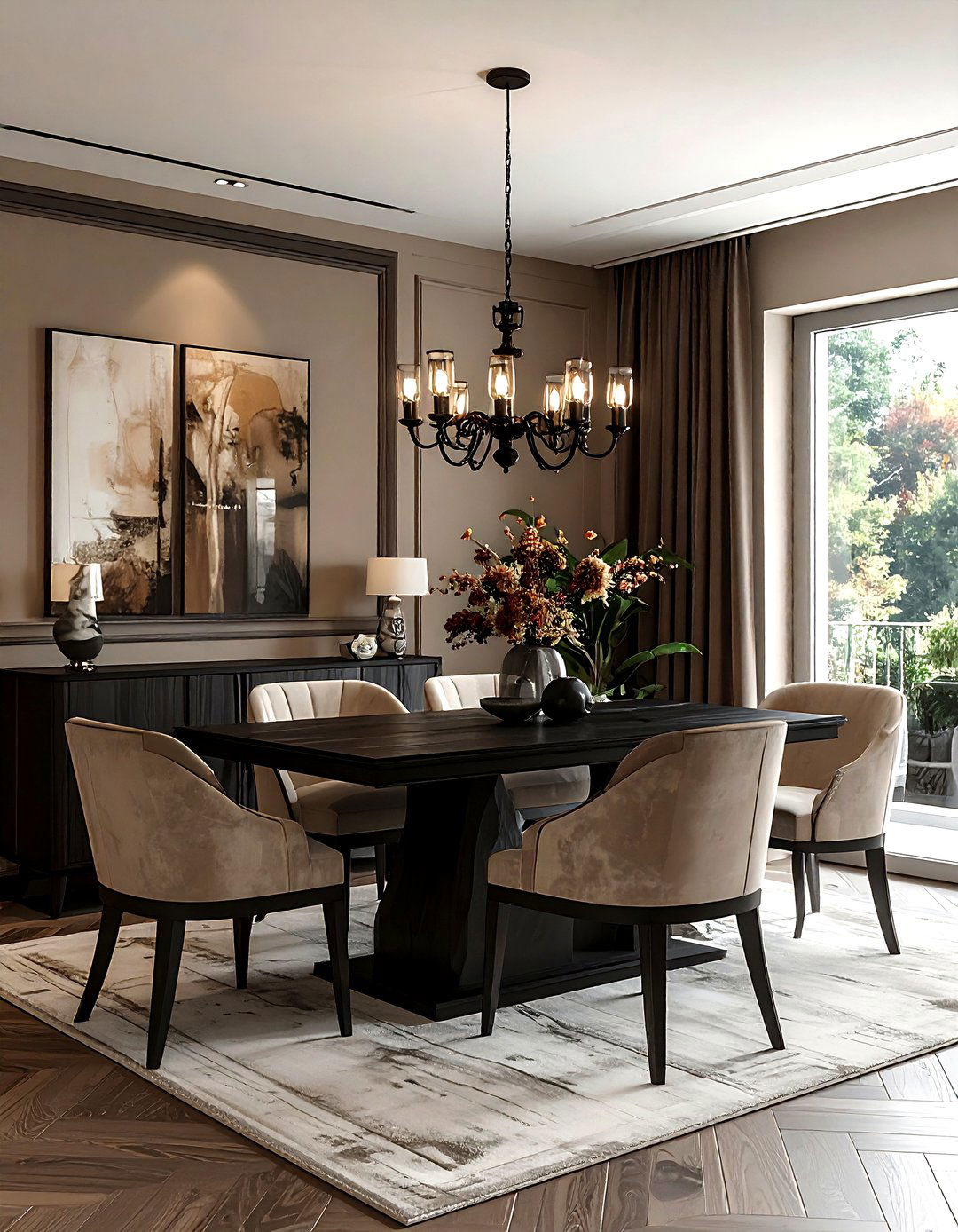 Greige dining room with black accents - 30 greige dining room ideas